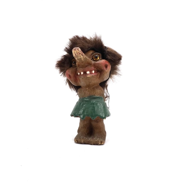 Vintage Troll Ny-Form Norwegia 1970s | Norweska Figurka Trolla z Prawdziwymi Włosami | Skandynawska Sztuka Ludowa 13 cm