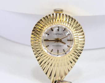Vintage Captain Antimagnetic Pocket Watch | 1960s Hong Kong Gold Tone Teardrop Case | Mechanical Watch with Chain | Retro Mid-Century Design