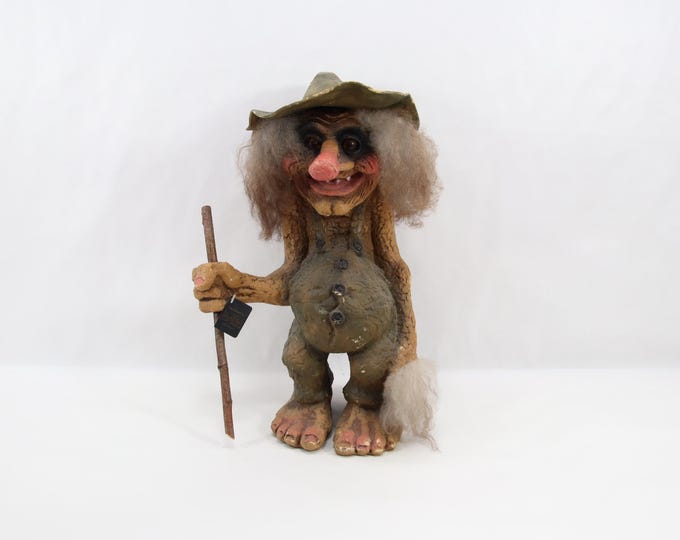 NyForm Troll Model 102 | Old Man with Hat and Staff | Large 1980s Norwegian Handmade Latex Folk Art Figure
