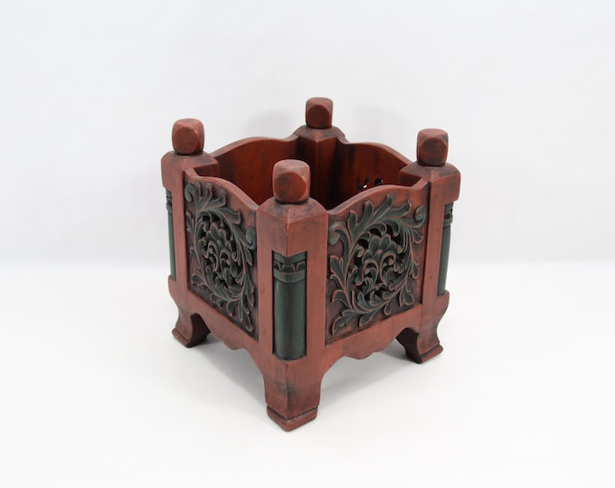 Hand Carved Norwegian Folk Art Utensil Holder | 1980s Scandinavian Wooden Kitchen Caddy | Rustic Nordic Decor | Carved Wood Container