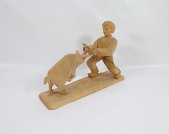 Norwegian Hand-Carved Wood Man with Goat | 1970s Nordic Heritage Sculpture | Wooden Figure | Scandinavian Design