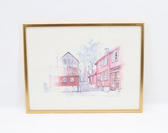 Original Signed Norwegian Print – 1976 Damstredet Oslo Street Scene with Historic Wooden Houses, Vintage Scandinavian Wall Art