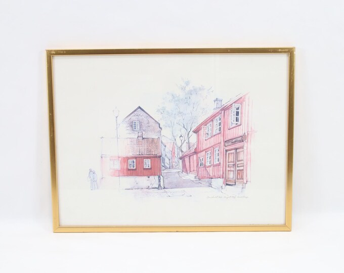 Original Signed Norwegian Print – 1976 Damstredet Oslo Street Scene with Historic Wooden Houses, Vintage Scandinavian Wall Art