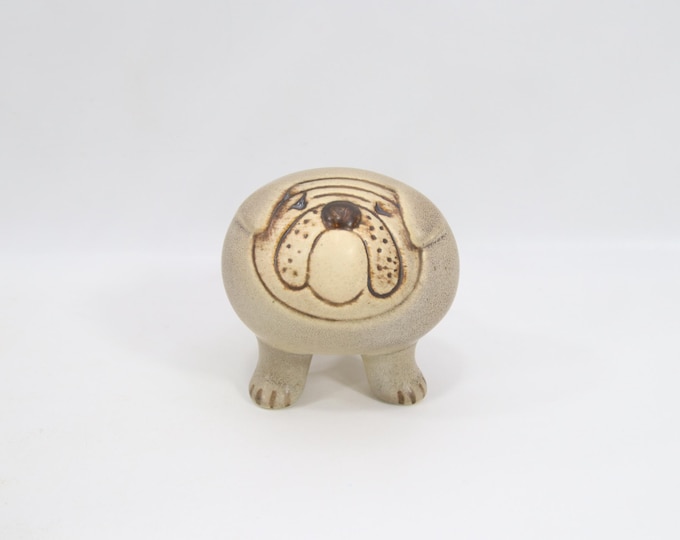 Vintage Lisa Larson Minikennel Bulldog Figurine - Small Gray Beige Stoneware Dog, Made in Sweden