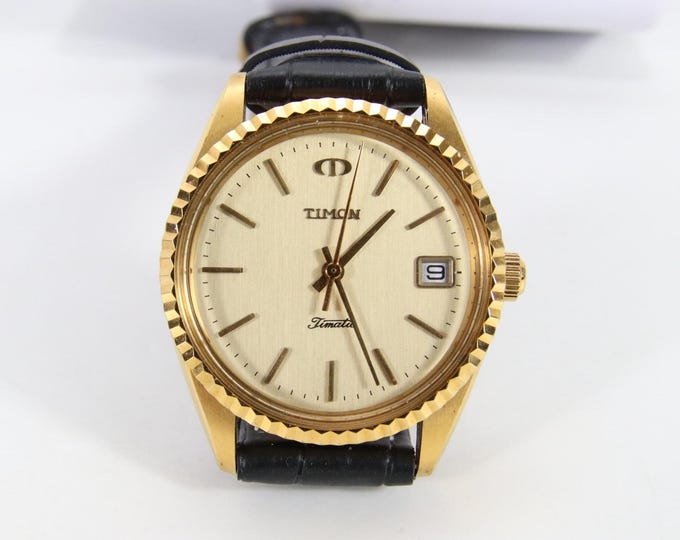 Timon Automatic Swiss Gold Plated Watch | Vintage 1970s 34mm Mechanical Wristwatch | Swiss Made Men’s Watch with Leather Strap