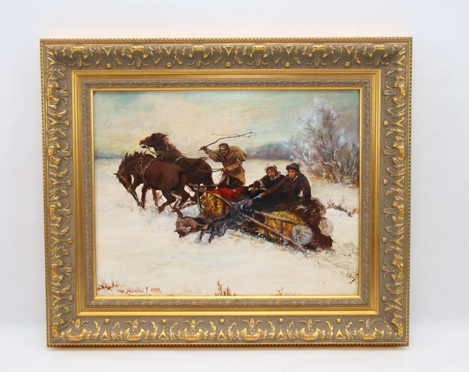 Original 1997 Oil Painting by Malinski | Horse Sleigh Winter Scene on Canvas | European Figurative Art | Framed Ornate Gold Decor