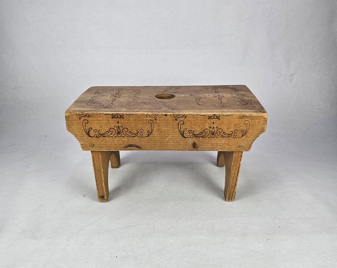 Vintage Norwegian Folk Art Milking Stool - Primitive Wooden Farmhouse Decor