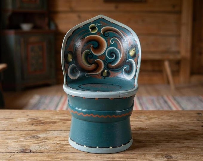 Norwegian Folk Art Miniature Log Chair | Hand Painted Rosemaling Decor | Scandinavian Decorative Wooden Chair 1970s
