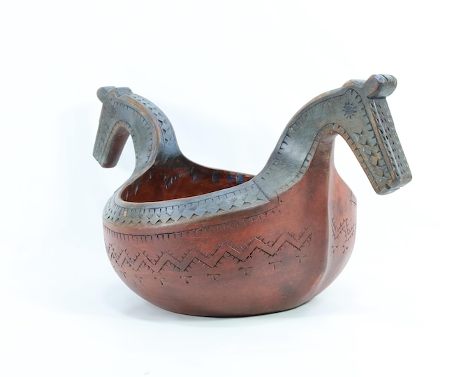 Norwegian Wooden Bowl | Horse Head Motif | Chip Carving | Hand-Carved Artistry | 1800s Inspired | Vintage Decor