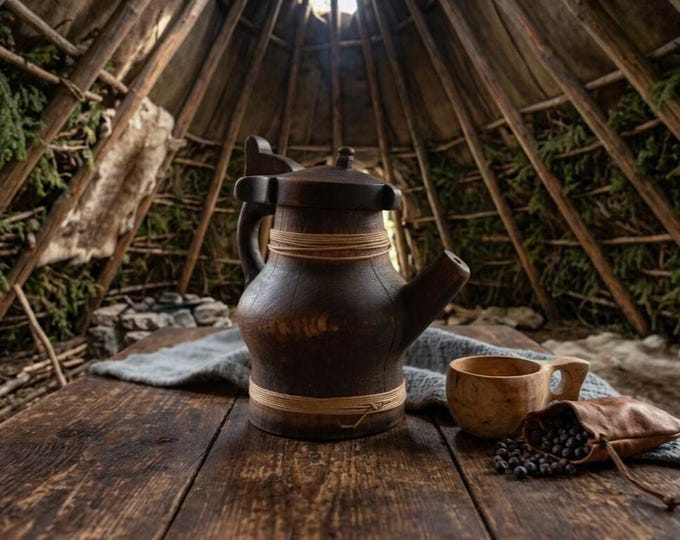 19th Century Norwegian Coopered Wooden Pitcher | Sami Figural Folk Art Vessel, Hand Bound Staved Kettle, Arctic Decor