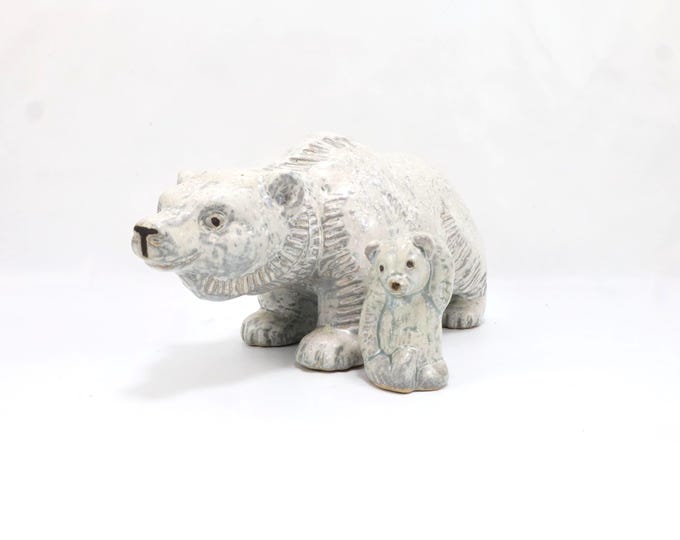 Oscar Hartung Polar Bear & Cub Sculpture | Ego Stengods Sweden | Vintage 1960s Studio Stoneware Arctic Figurines