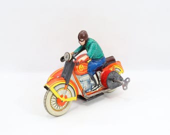 1950s Soviet Tin Motorcycle with Sidecar | Leningrad Clockwork Toy | Wind Up Metal Bike