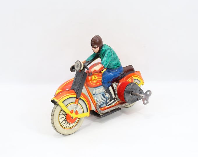 1950s Soviet Tin Motorcycle with Sidecar | Leningrad Clockwork Toy | Wind Up Metal Bike