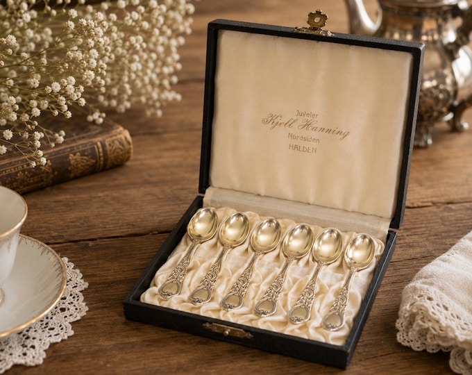 Vintage Norwegian Gilt Silverplate Teaspoons Set of 6 | 1930s Th Marthinsen Spoons with Original Kjell Hanning Halden Jeweler Box