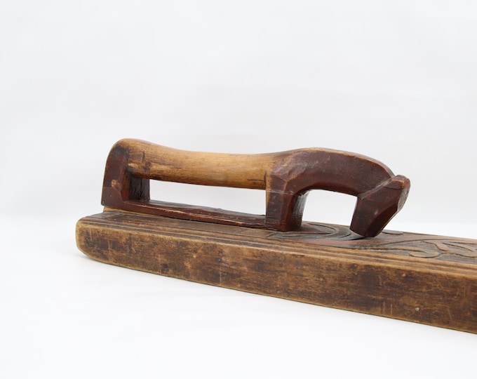 Scandinavian Carved Mangle Board | Hand Carved Wooden Laundry Tool with Horse Handle | Folk Art from Northern Europe