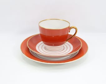 Nora Gulbrandsen Porsgrund Coffee Trio | Art Deco Red Orange Porcelain | 1950s Model 1365
