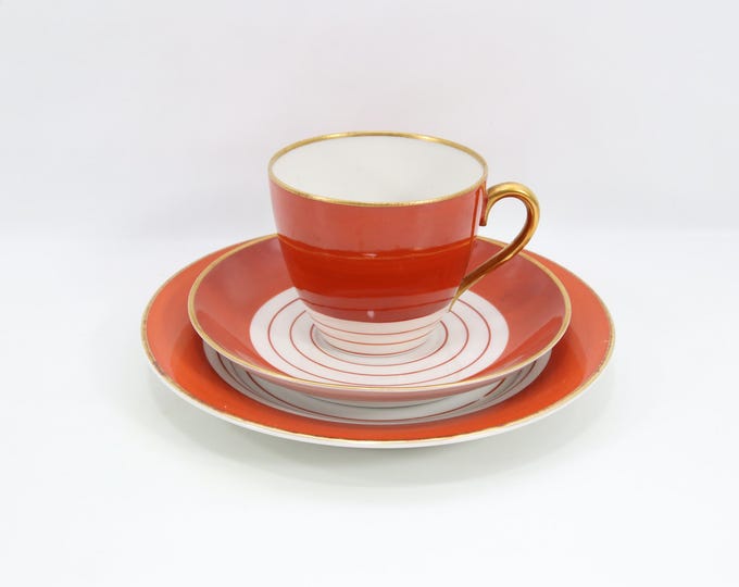 Nora Gulbrandsen Porsgrund Coffee Trio | Art Deco Red Orange Porcelain | 1950s Model 1365