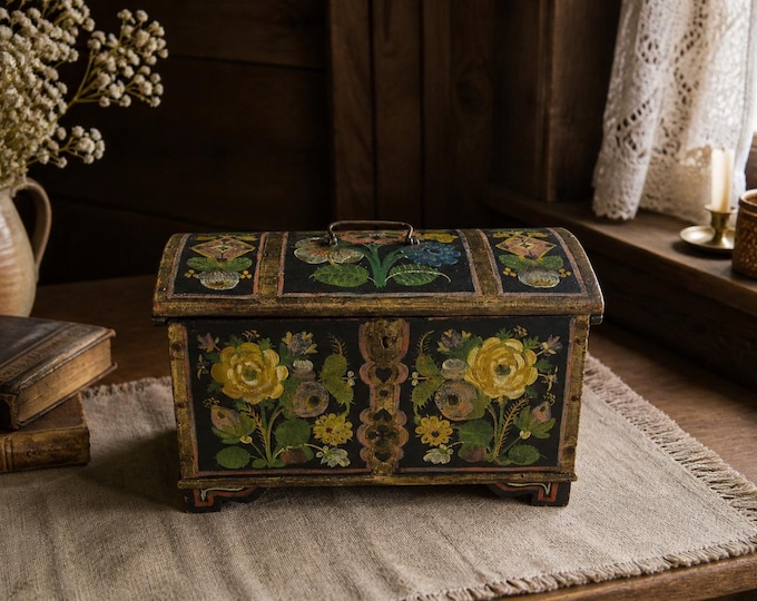 Antique Norwegian Os Rosemaling Jewelry Box 1910s | Hand Painted Folk Art Trinket Chest | Vintage Scandinavian Jewelry Box | Nordic Decor