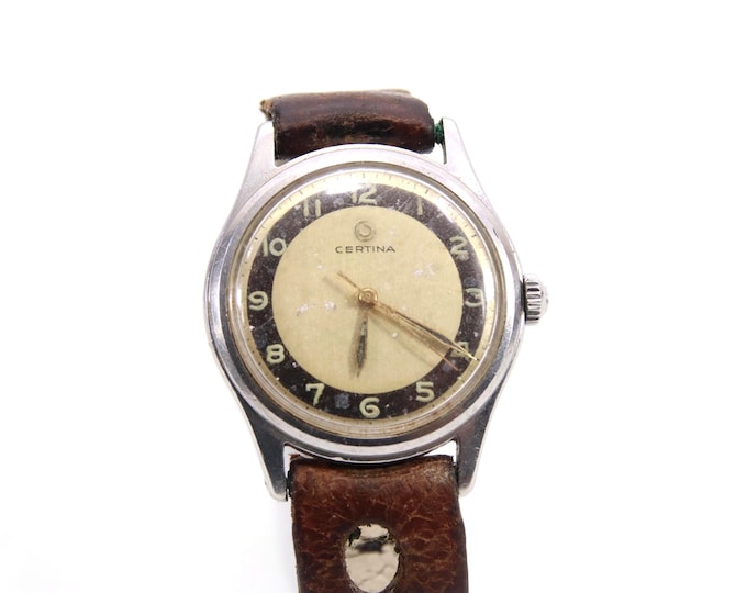 Vintage Certina Swiss Manual Wind Wristwatch – Cream & Black Dial with Arabic Numerals, Steel Case, Original Leather Strap