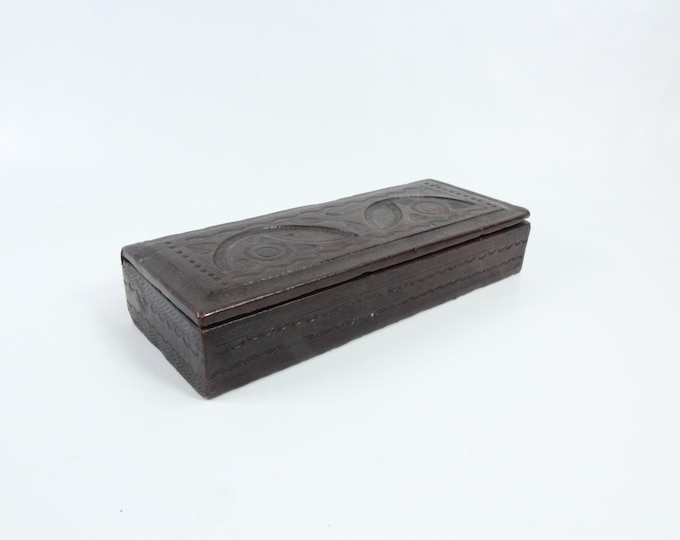 Handmade Leather Keepsake Chest | Antique Jewelry Box | Wedding Box | Folk Art | Rare Wood Box