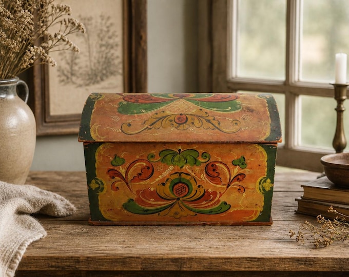 Antique Norwegian Folk Art Telemark Rosemaling Trunk | Vintage Hand Painted Wooden Keepsake Box | Nordic Heritage Decor | Rare 19th Century