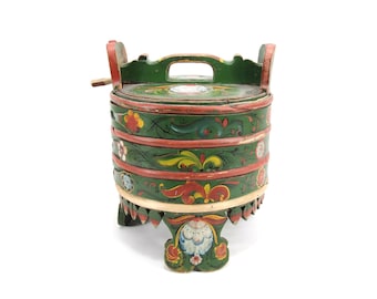 Antique Norwegian Rosemaling Box 1867 | Painted Folk Art Bride’s Chest | Round Scandinavian Tine with Lid | Nordic Folk Wedding Keepsake