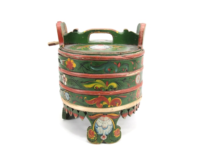 Antique Norwegian Rosemaling Box 1867 | Painted Folk Art Bride’s Chest | Round Scandinavian Tine with Lid | Nordic Folk Wedding Keepsake