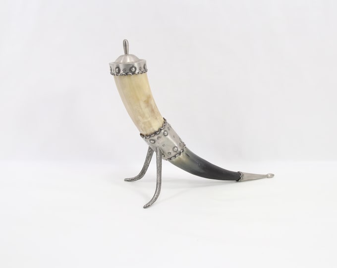 Vintage Norwegian Drinking Horn | Tokke Tinn Pewter and Cow Horn | 1970s Viking Inspired Decor | Handmade Rustic Display Piece