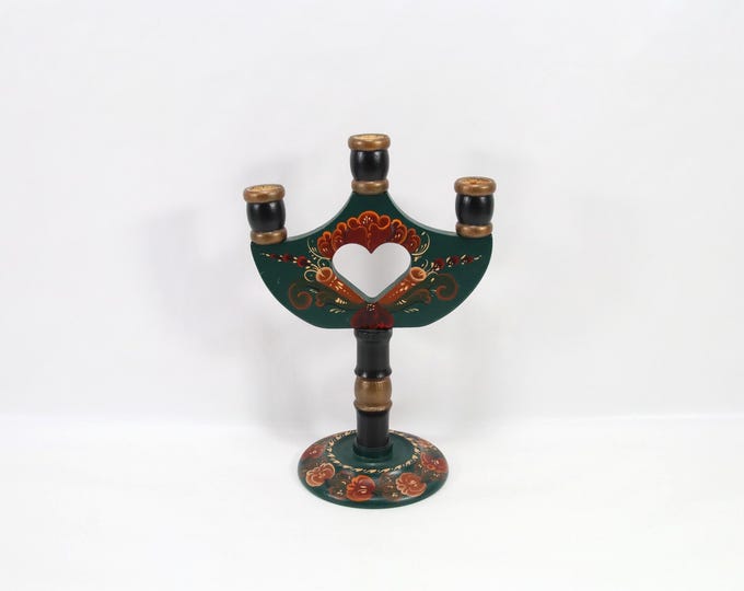 Hand Painted Norwegian Rosemaling Candle Holder | Signed K.R. Tinn 2002 | 3 Arm Wood Candelabra | Traditional Folk Art Decor