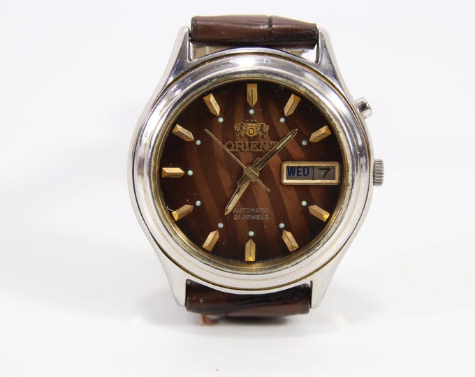 Orient Automatic 21 Jewels Japanese Watch | Vintage 1970s 35mm Stainless Steel Brown Dial | Mechanical Men’s Watch with Leather Strap