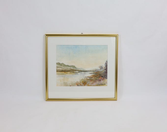 Vintage Norwegian Lake Landscape Watercolor by Odd Sæten 1983 - Scandinavian Wall Art