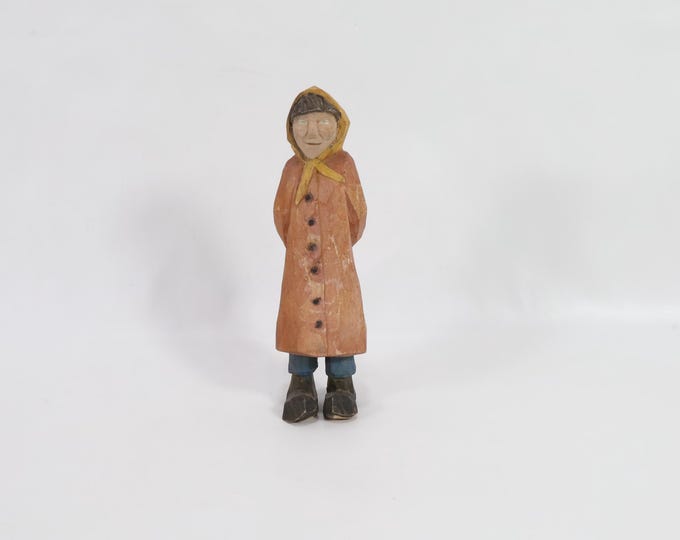 Hand Carved Norwegian Wooden Farmer Lady Figure - Vintage Retro Folk Art Decor