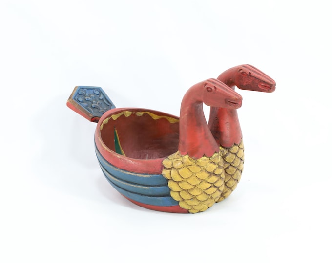 Norwegian Ale Bowl | Double Dragon Head Beer Bowl | Rosemaling Design | Nordic Art | Collectible Bowl | Heritage Gift