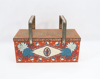 Vintage Norwegian Tin Lunch Box 1950s | Porsgrunn Candy Factory Advertising | Scandinavian Folk Art Storage Box