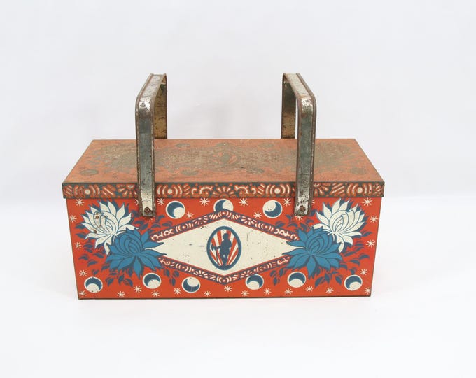 Vintage Norwegian Tin Lunch Box 1950s | Porsgrunn Candy Factory Advertising | Scandinavian Folk Art Storage Box