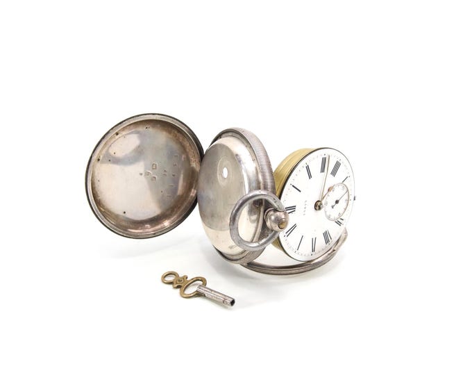 Antique Swiss Silver Pocket Watch ca. 19th Century – Key Wind Movement, Enamel Dial with Roman Numerals, Sterling Case