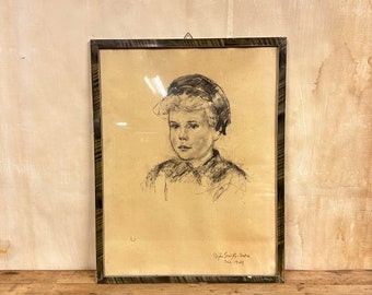 Hand-Drawn Charcoal Art - Vintage 1940s - Bjørn Smith Hald Original Portrait Drawing