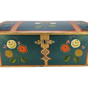Antique Norwegian Trinket Chest - Hand-Painted OS Rose Design - Rustic Folkart Storage Solution - One-of-a-Kind Vintage Decor