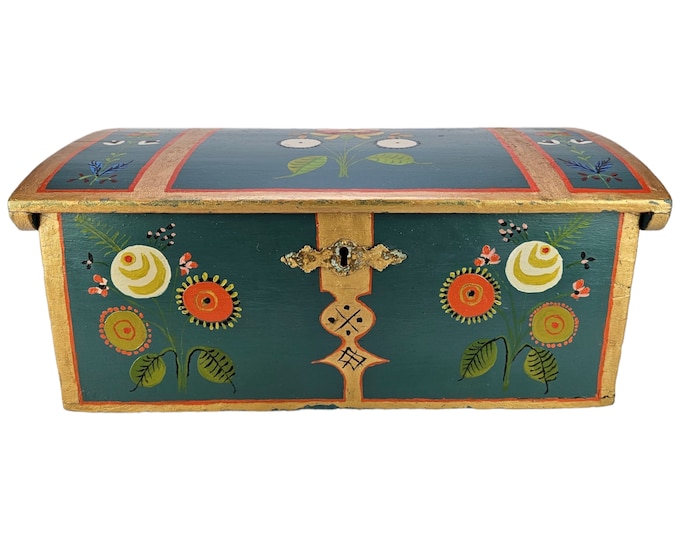 Antique Norwegian Trinket Chest - Hand-Painted OS Rose Design - Rustic Folkart Storage Solution - One-of-a-Kind Vintage Decor