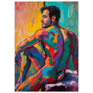 Könnte beinhalten: Abstrakte Malerei einer sitzenden Figur, ausgeführt in einer lebendigen Farbpalette aus Orange, Grün, Lila und Blau. Das Kunstwerk zeigt einen Mann mit dunklem Haar, von hinten gesehen, mit einem Profil seines Gesichts. Der Stil erinnert an den Expressionismus.