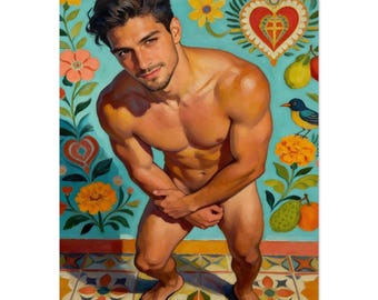 Cuerpo Sagrado: Vibrant Folk Art Portrait - Nude Male Fine Giclee Art Print