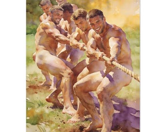 Tug-of-War 1 Fine Art Print - Playful Nude Men Artwork | Vivid Giclée Poster | Unique Home Decor Gift