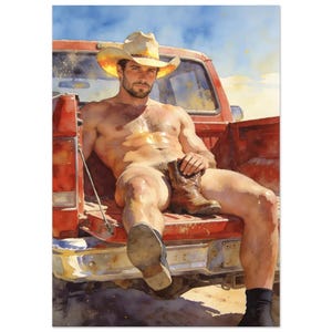 Peut inclure: Peinture à l'aquarelle d'une personne portant un chapeau de cowboy et des bottes, assise à l'arrière d'un pick-up rouge. La personne est torse nu et porte une barbe. L'arrière-plan est une scène ensoleillée en extérieur.