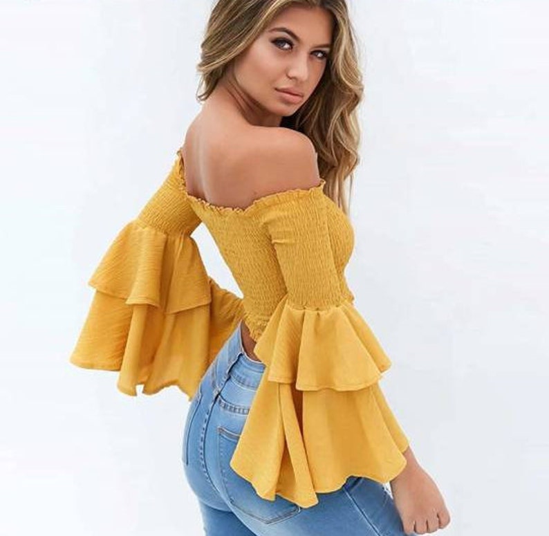 yellow off the shoulder top long sleeve