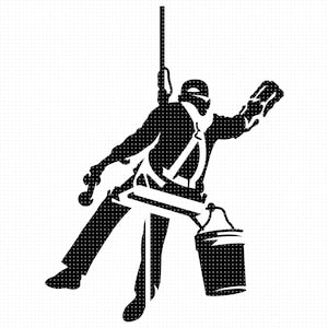 May include: A silhouette of a window washer hanging from a rope, wearing a safety harness and holding a squeegee and a bucket.