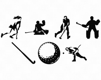 Può includere: Illustrazioni in silhouette in bianco e nero di giocatori di hockey su prato in varie posizioni, tra cui un portiere, un giocatore che palleggia e un giocatore che tira in porta. È inclusa anche una silhouette in bianco e nero di una palla da hockey su prato.
