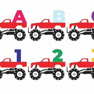 letters on a monster truck svg, monster truck alphabet svg, clipart, png, dxf logo, vector eps cut files for cricut and silhouette use image 1