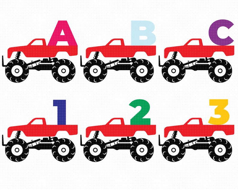 letters on a monster truck svg, monster truck alphabet svg, clipart, png, dxf logo, vector eps cut files for cricut and silhouette use image 1