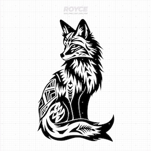 May include: Black and white stylized illustration of a fox in a sitting position, with intricate tribal-inspired patterns. The fox is depicted in profile, with detailed fur and a curved tail. The image includes the text "ROYCE" at the top.