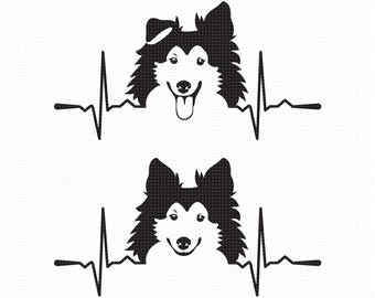 Pode incluir: Silhueta preta e branca da cabeça de um cão Collie com a língua de fora, com uma linha de batimento cardíaco de cada lado da cabeça do cão.